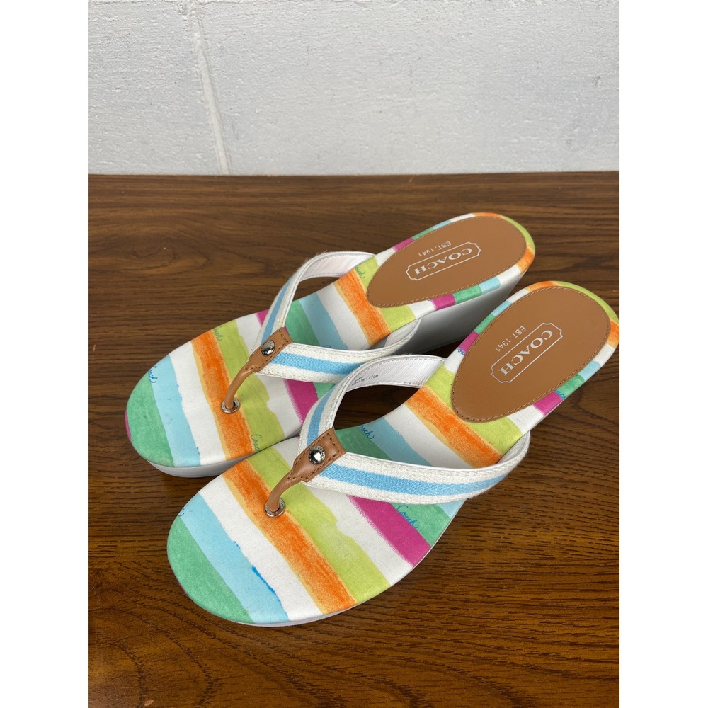 NIB Coach Felicite A8361 Platform‎ Wedge Sandals Striped Thong Watercolor 9.5M - Picture 2 of 9